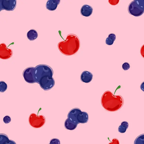 Vector illustration of Berry pattern of blueberries and cherries on pink background. Vector