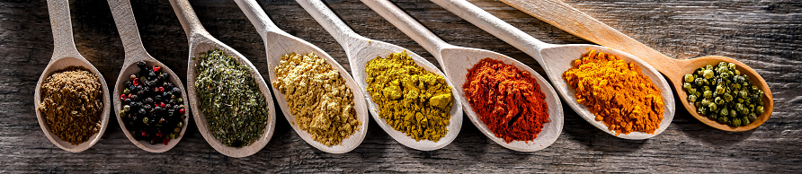 Composition with assortment of spices and herbs.
