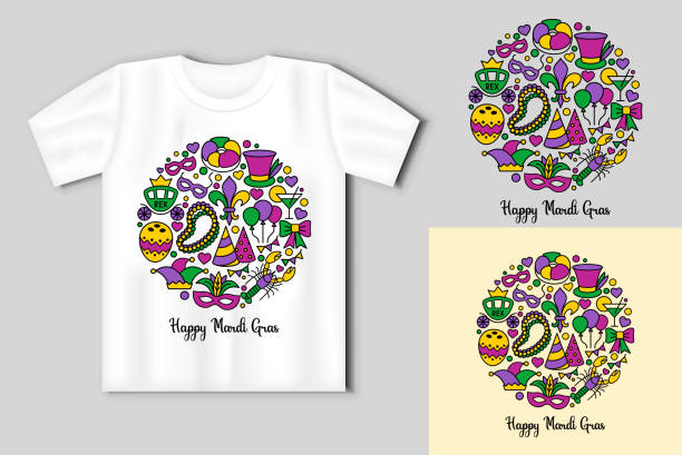 ilustrações de stock, clip art, desenhos animados e ícones de happy mardi gras. round composition of the carnival symbols. mardi gras concept with t-shirt mockup - mardi gras new orleans feather mask