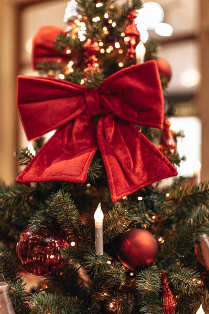 бархатный красный бант висит на елке. декорированные еловые ветки - bow christmas red velvet стоковые фото и изображения