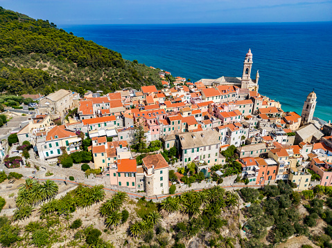 Aerial view of the village of Cervo on the Italian Riviera in the province of Imperia, Liguria, Italy