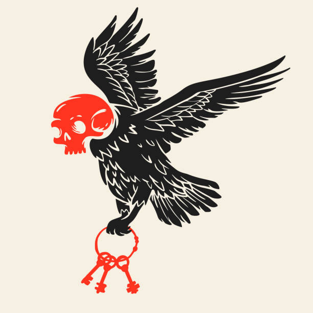 Bird silhouette with skull human on head. Color concept design for print, tattoo. Vector illustration in vintage style. Cartoon art composition.