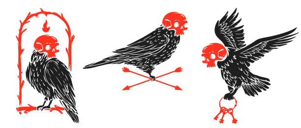 Set bird silhouette with skull human on head. Color concept design for print, tattoo. Vector illustration in vintage style. Cartoon art composition. Set bird silhouette with skull human on head. Color concept design for print, tattoo. Vector illustration in vintage style. Cartoon art composition. cartoon of the crown art free stock illustrations