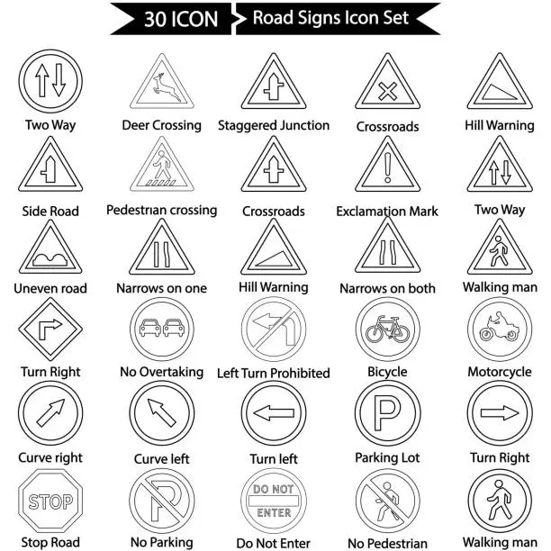 Vector illustration of Road Signs Icon Set In Outline Style