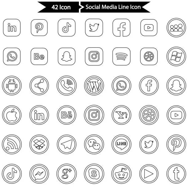 Vector illustration of Social Media Icon Set In Outline Style