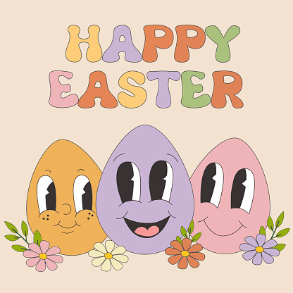 Retro groovy easter egg character. Cute siting mascot with banny ears holding littl chicken. Spring holiday concept in trendy retro 60s 70s cartoon style.