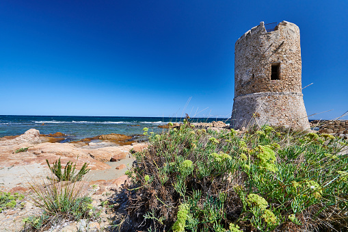 The Saint John's (San Giovanni) Tower, a 16th century landmark in Posada. Province of Nuoro. Sardinia. Italy.