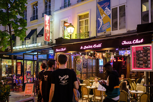 Paris, France - October 8, 2023 : View of a famous jazz bar in the popular area of Chatelet in Paris France