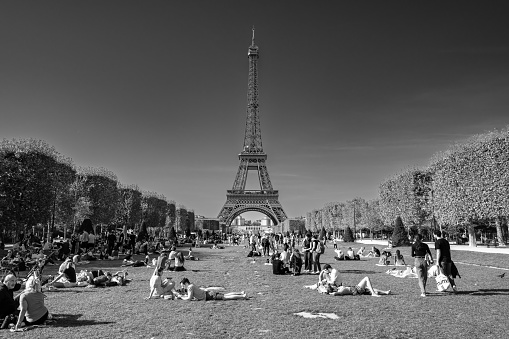 Paris skyline view from Eiffel Tower. Black and white.