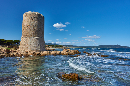 The Saint John's (San Giovanni) Tower, a 16th century landmark in Posada. Province of Nuoro. Sardinia. Italy.