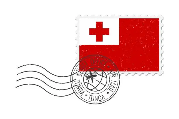 Vector illustration of Tonga grunge postage stamp. Vintage postcard vector illustration with Tongan national flag isolated on white background. Retro style.