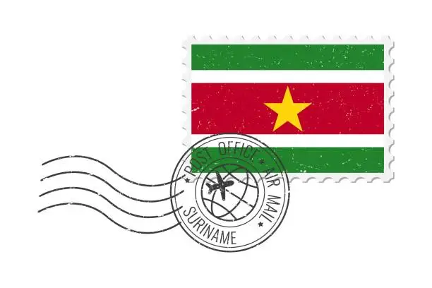 Vector illustration of Suriname grunge postage stamp. Vintage postcard vector illustration with Suriname national flag isolated on white background. Retro style.