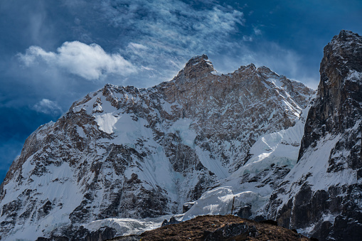 Mt. Kumbhakarna seen from Jannu Base Camp in the Himalayas of Taplejung, Nepal during Kanchenjunga Base Camp Trek