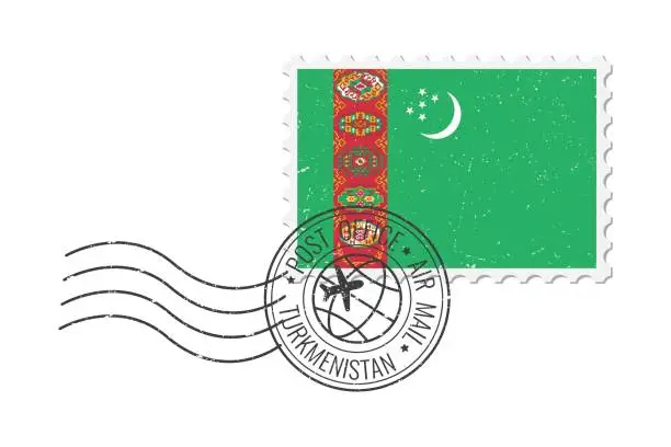 Vector illustration of Turkmenistan grunge postage stamp. Vintage postcard vector illustration with national flag of Turkmenistan isolated on white background. Retro style.
