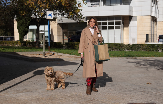 Young lady walking the dog whilst in business meeting on telephone