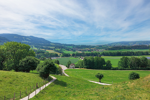 Switzerland, general view of La-Tour-de-Treme from the terrace of Gruyeres castle, region of Gruyeres