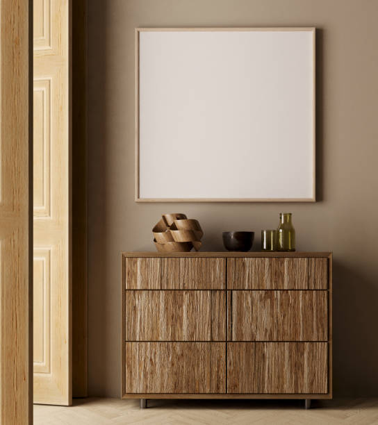 istock Blank picture frame mockup in dark brown room with drawer cabinet.3d rendering 1845206760