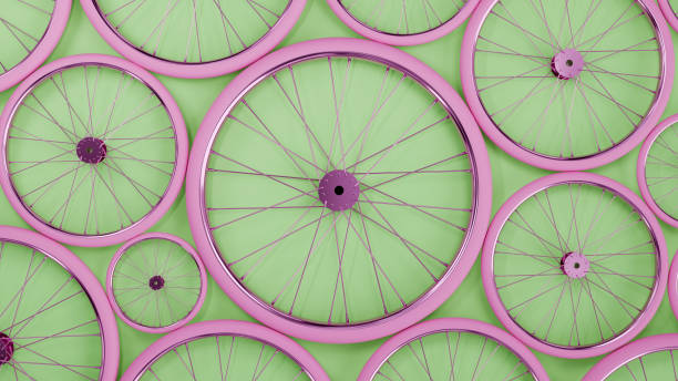 istock Pink bicycle wheels on green wall. Abstract stylish background. 3D rendering. 1845219285