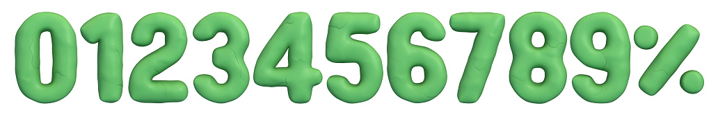Plasticine style green numbers. Set for anniversary or discount design. 3D rendering