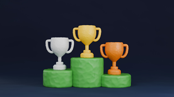 Golden, silver and bronze winner cup set. Realistic trophy awards. 3D rendering