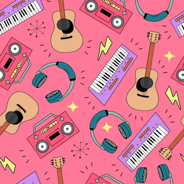 Vector illustration of Seamless pattern with retro musical instruments