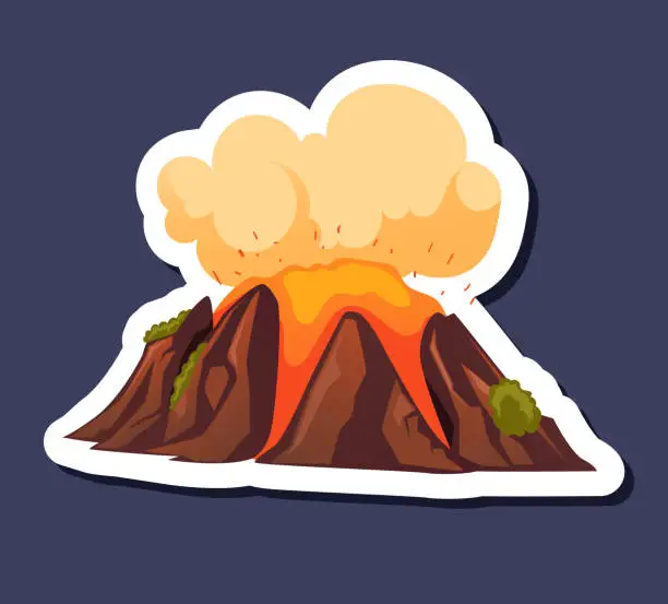 Vector illustration of Volcano fire mountain sky nature stickers isolated set. Vector graphic design