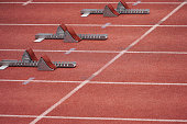 Starting blocks placed on an athletics track for the start of a championship race