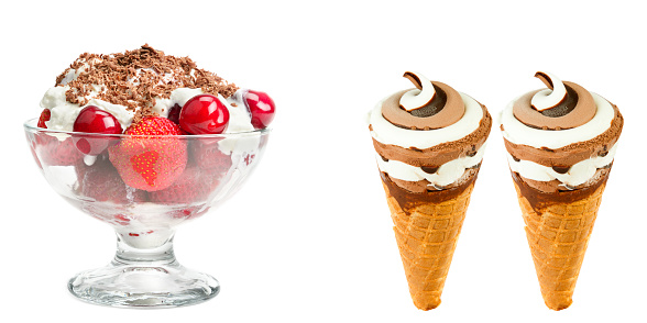 Chocolate ice cream in waffle cone and berry ice cream in a glass bowl isolated on white background. Collage. Free space for text. Wide photo.