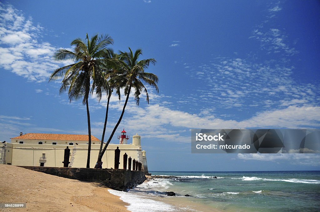 tropical beach, coconut trees and colonial fort São Tomé, São Tomé and Príncipe: coconut trees, golden sand beach and the Portuguese fort of Saint Sebastian - photo by M.Torres Beach Stock Photo