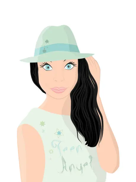 Vector illustration of Teenage girl with green shirt and hat