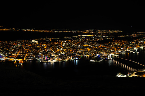 Aerial night view of Tromso city at Norway.