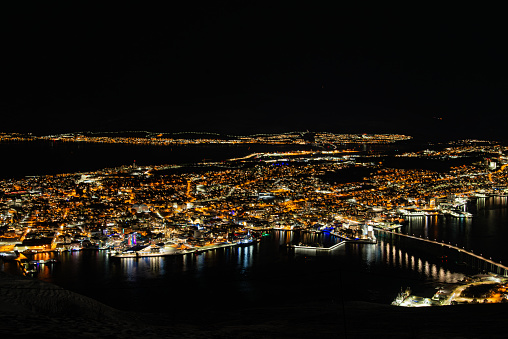 Aerial night view of Tromso city at Norway.