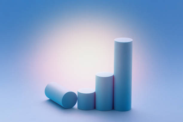 istock Abstract minimal scene with geometrical forms and light flare on blue background. Cylindrical podiums of different heights for you products presentation. Space for text 1845343623
