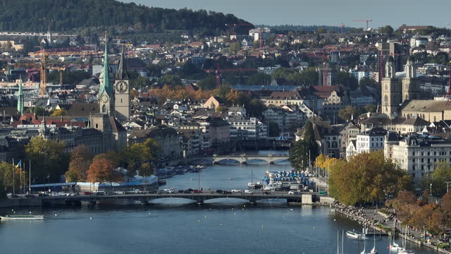 sunny day time zurich city lakeside central district aerial panorama 4k switzerland