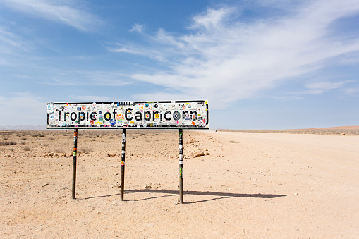 Kauchas, Namibia - August 12, 2018: tropic of Capricorn sign in Namibia