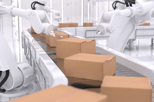 White robots packing products in Warehouse with no people changing post office buisness