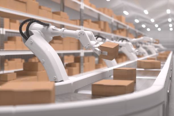 istock Line of robots in Warehouse replacing humans at work 1845372899