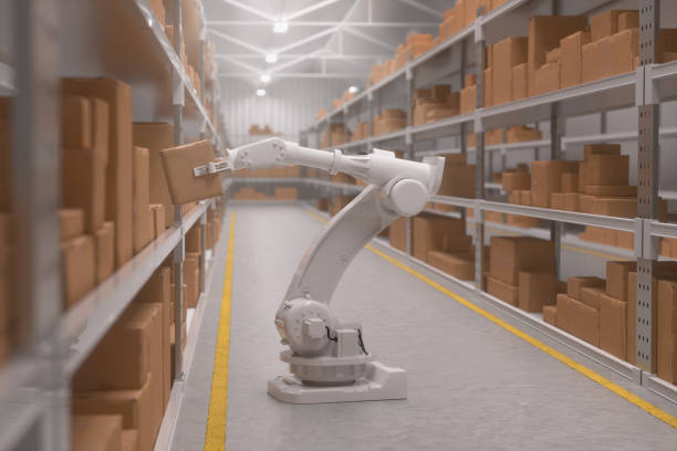 istock Robot putting a box on a shelf in Warehouse 1845378643