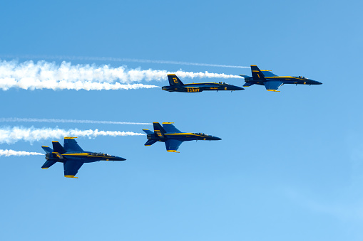 Miramar, California, USA - September 24, 2023: Blue Angel's six and five fly close together at America's Airshow 2023.