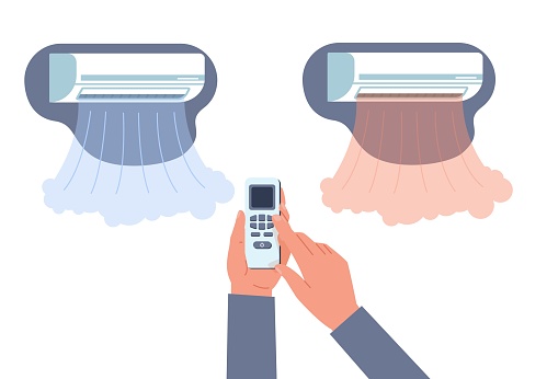 Hands switch air conditioner from cold air to warm air with remote control. Ventilation conditioning system for home and office. Cartoon flat isolated illustration. Vector climate control concept