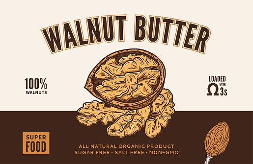 Walnut butter label, packaging or branding design template. Vector walnut illustration