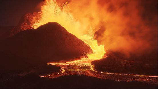 A vibrant and dramatic image of an eruption of bright orange fire and water