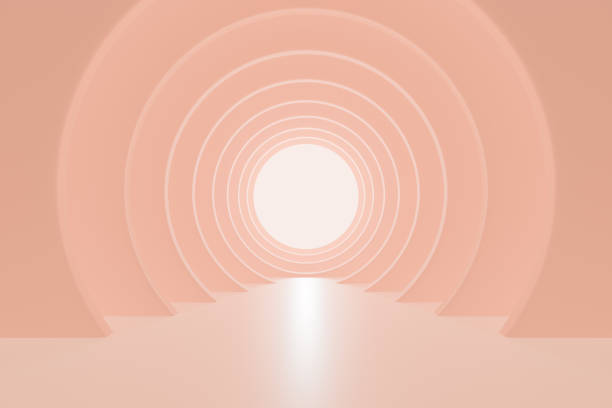 Round peach tunnel with light at the end. Abstract circles. 3D rendering