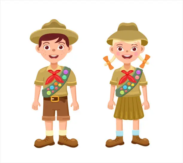 Vector illustration of Boy and girl scouts in scout uniforms. Vector flat illustration
