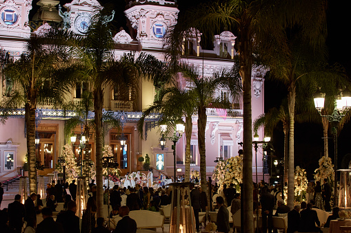 Monaco, Monte-Carlo, 12 November 2022: The Indian wedding celebration in the square of the famous Casino Monte-Carlo is at night, attraction night illumination