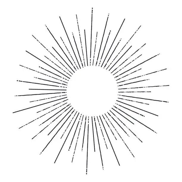 Vector illustration of Vintage sunburst explosion lines. Fireworks black rays design element. Linear drawing vector. Linear radial burst. Sun burst round decorative design round frame