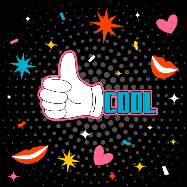 istock Vector image of a hand with a thumbs up. Illustration in 90s style on a black background. 1845439986