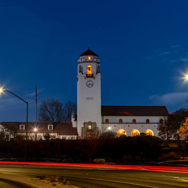 istock Boise Train depot at night with streaking car lights 1845453672