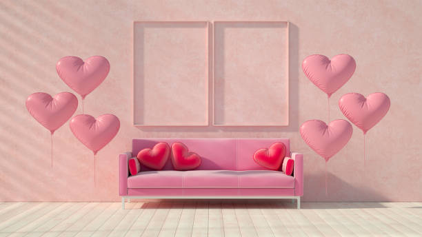 Valentine's Day concept with pink sofa and heart pillows