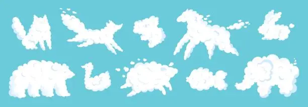 Vector illustration of Cartoon animal shaped clouds. Imagination game. Cumulus zoomorphic forms. Bear and rabbit. Cloudy mammals. Horse and elephant. Outlines similarity. Garish vector cloudscape elements set